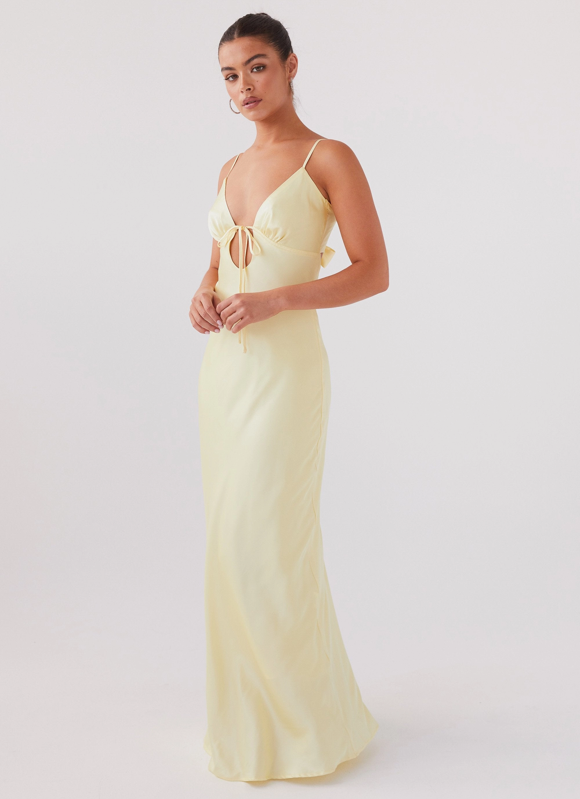 All Gender Flutter-Sleeve Flora Satin Maxi Dress - Lemon