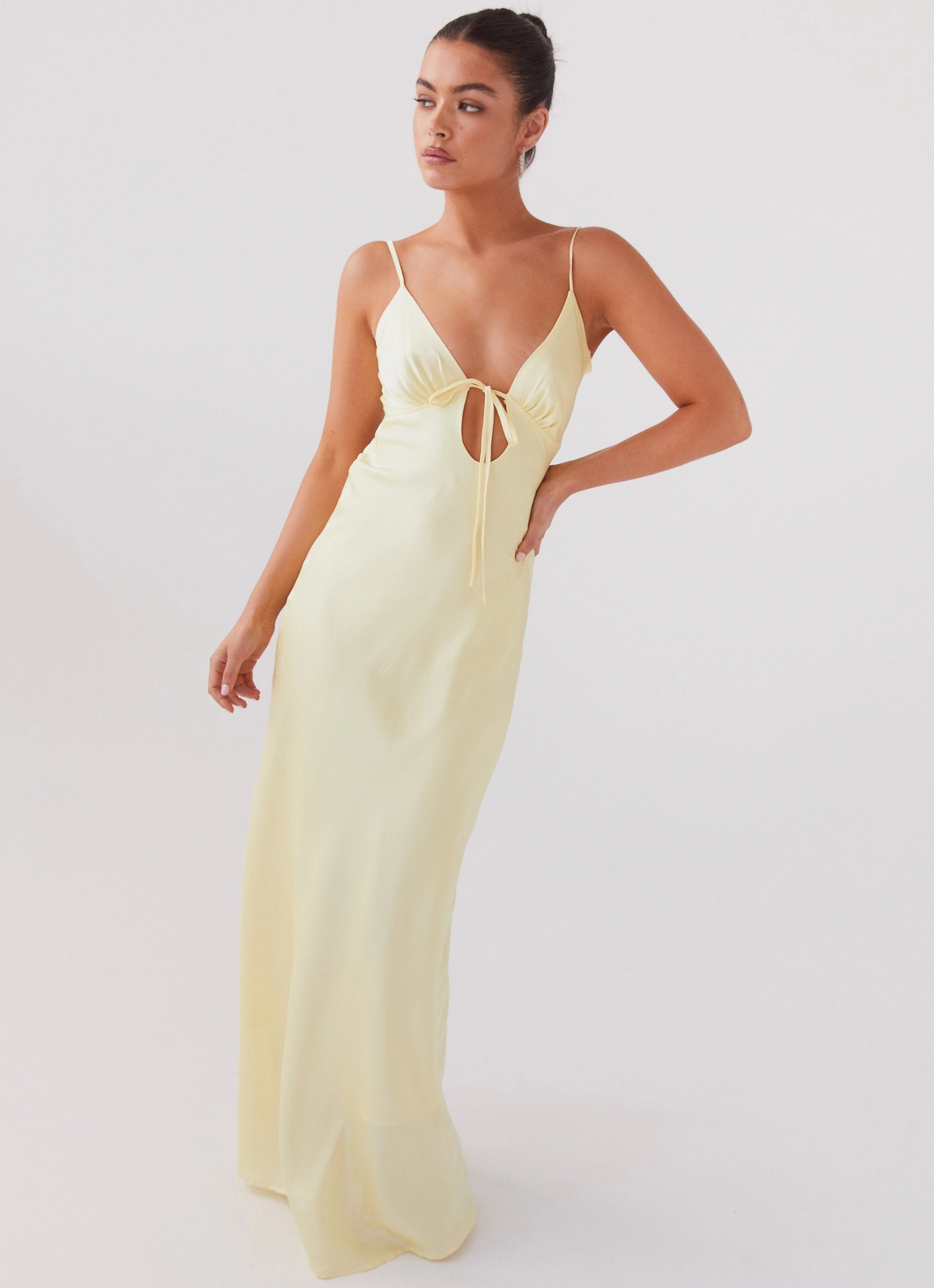 Flora Satin Maxi Dress - Lemon Wrap style Front Detail