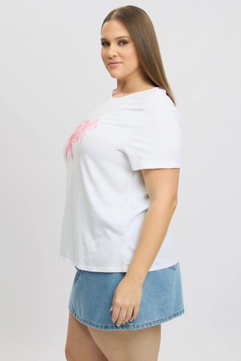 Water Based Ink Print Day-to-Night Look White Graphic T Shirt Short Sleeve Crew Neck