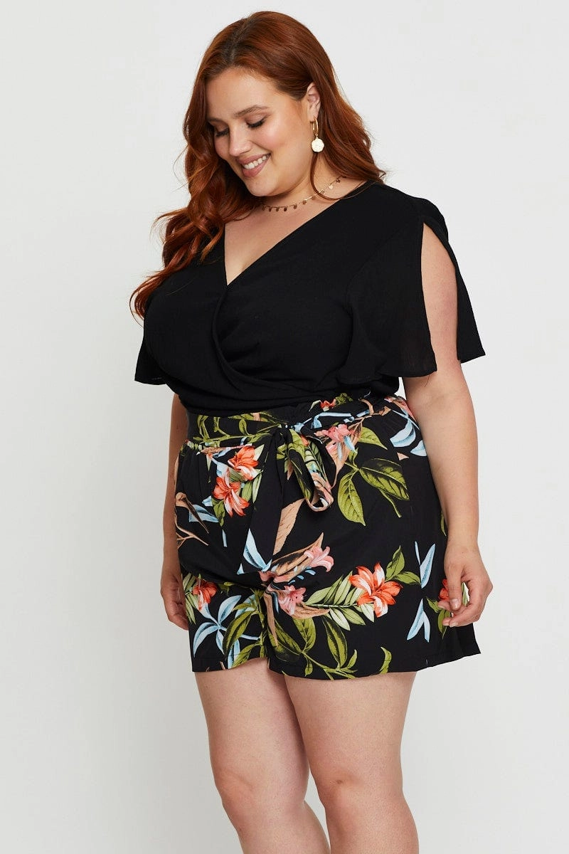 Floral Print Belted Shorts High Rise stain resistant coating