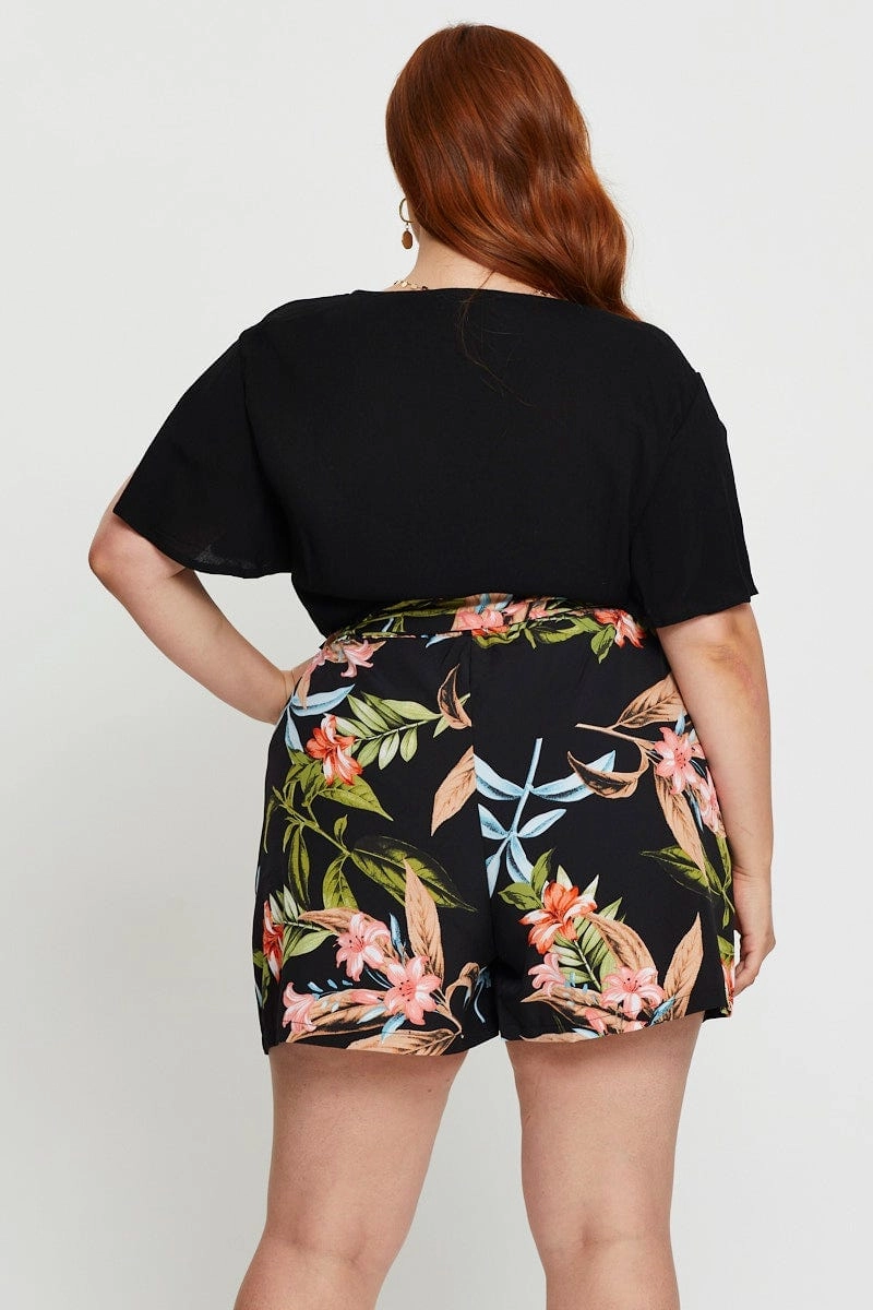 odor - absorbing Floral Print Belted Shorts High Rise