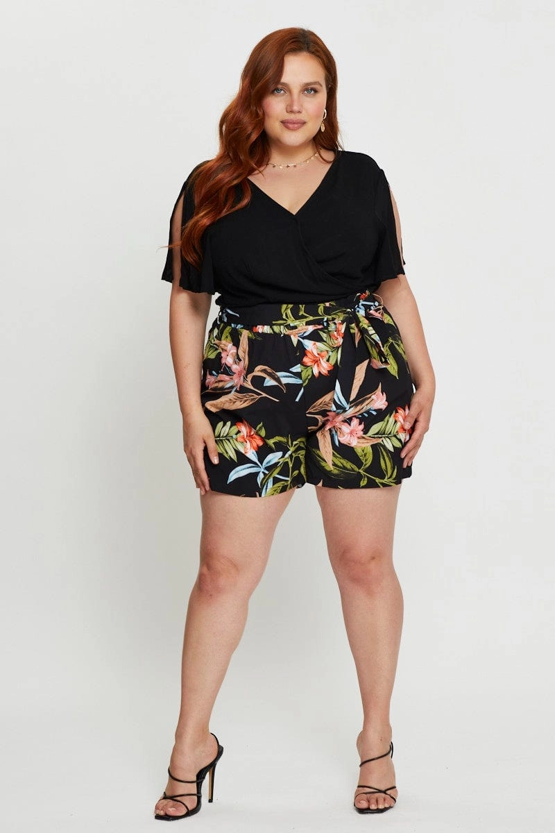 Cooling Effect Athletic Fit Floral Print Belted Shorts High Rise