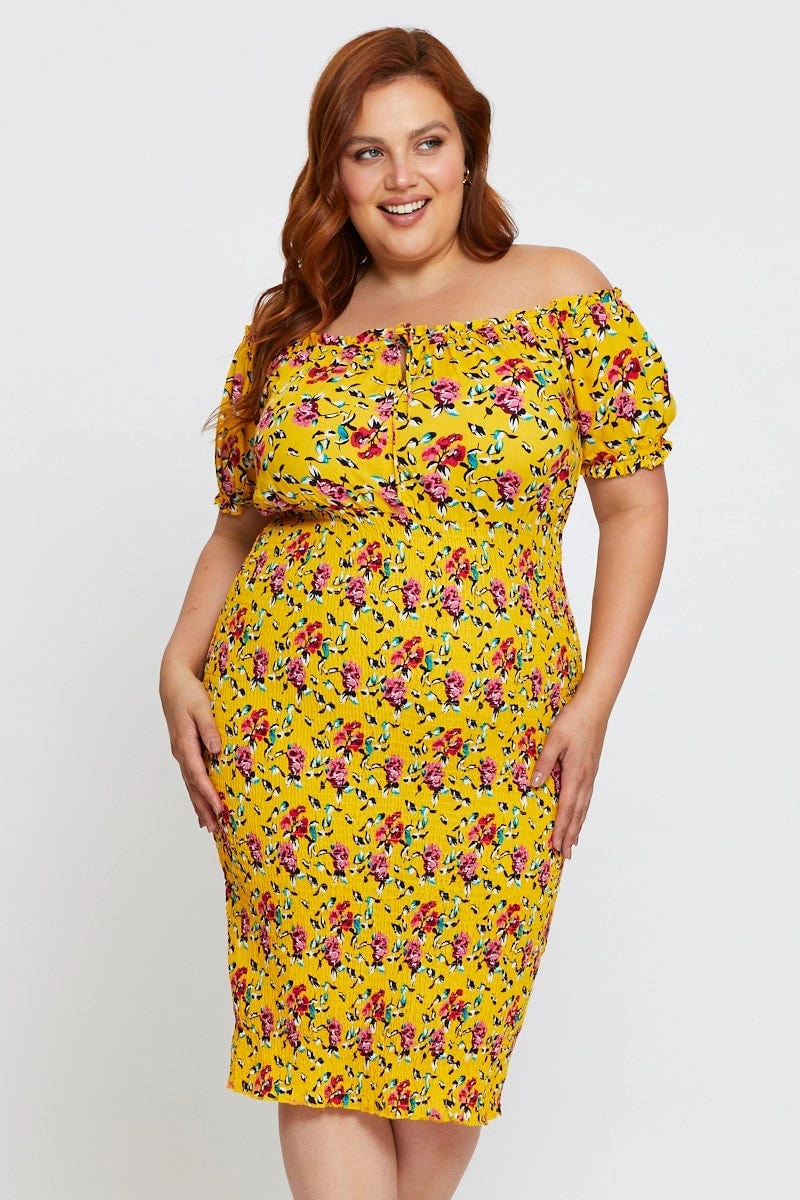 Floral Print Bodycon Dress Off Shoulder Short Sleeve Flower Grace
