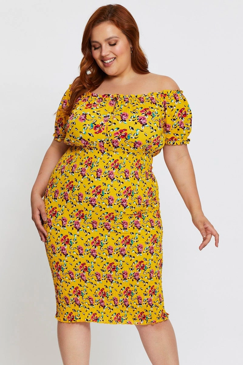 Lace Detail Sleek Presence Floral Print Bodycon Dress Off Shoulder Short Sleeve