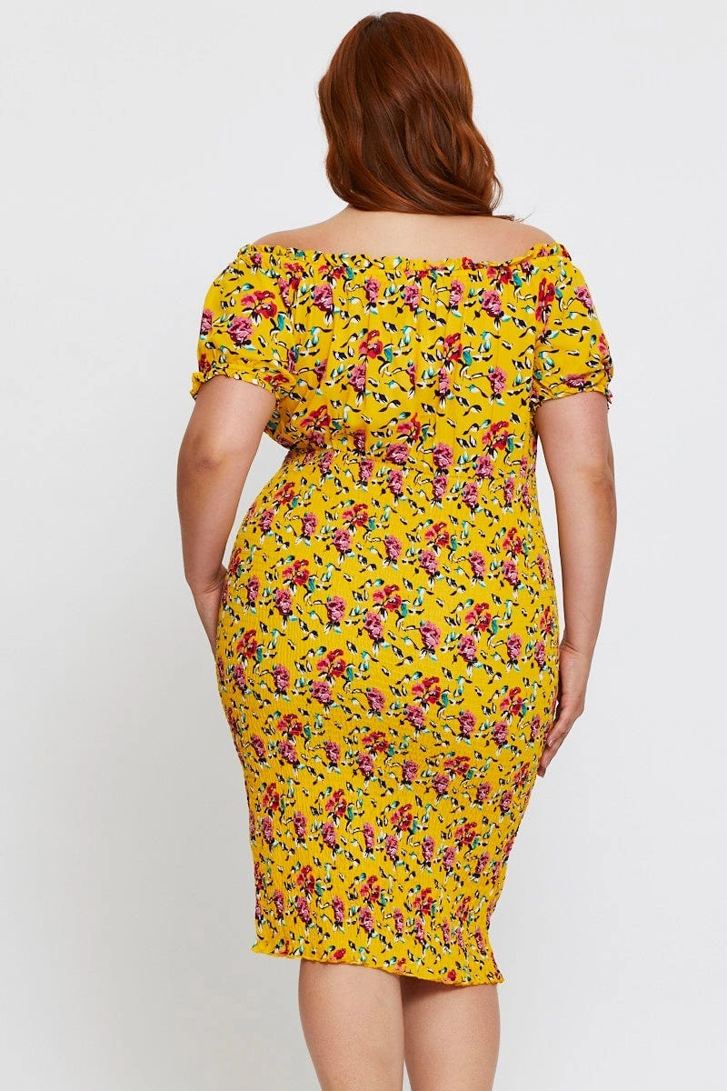 Floral Print Bodycon Dress Off Shoulder Short Sleeve Bridal-Shower