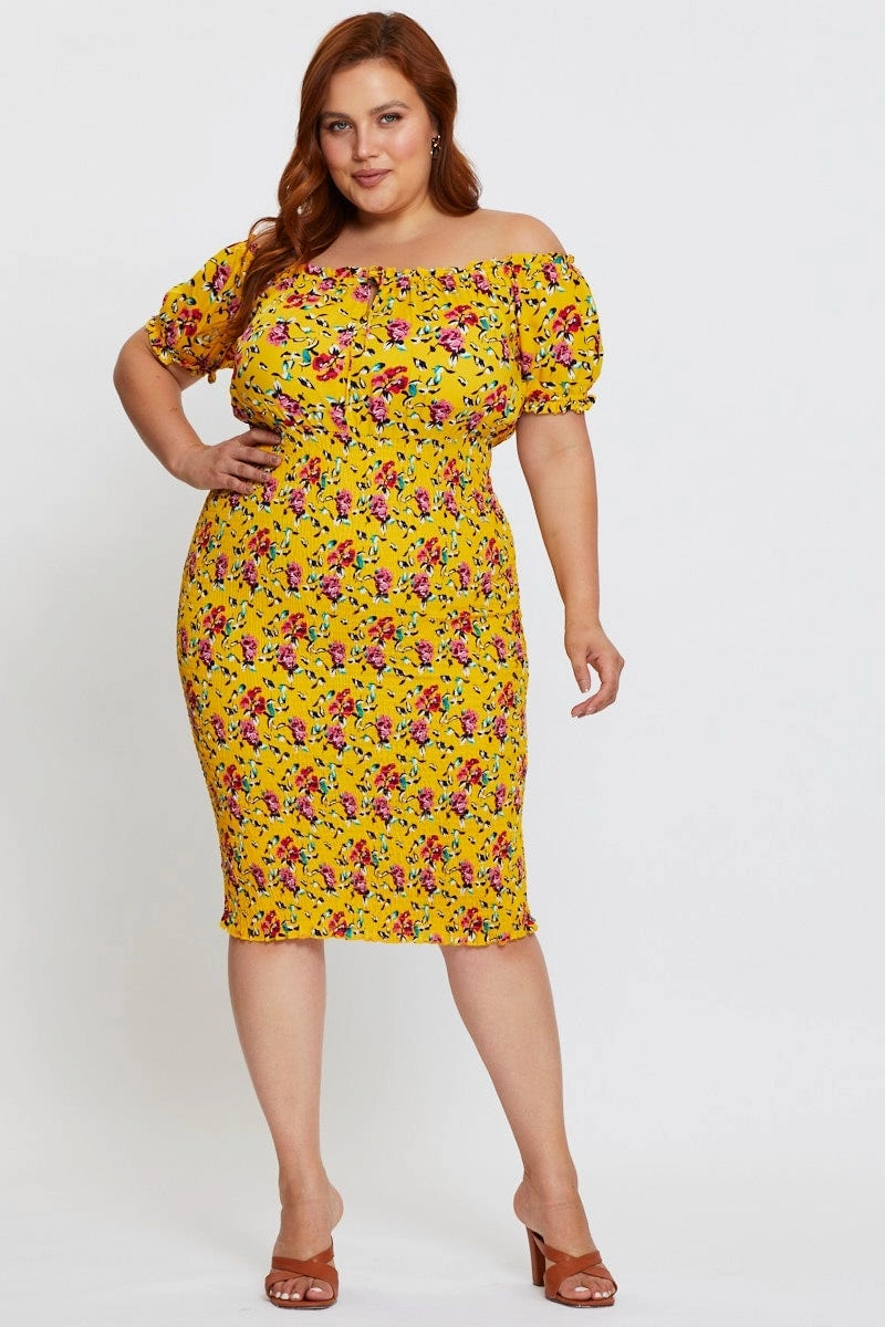 Floral Print Bodycon Dress Off Shoulder Short Sleeve Neutral-Shade