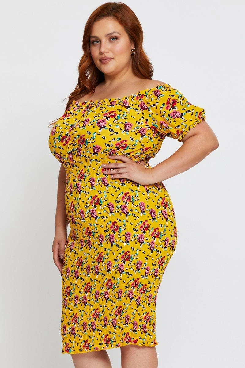 Earth Colors Floral Print Bodycon Dress Off Shoulder Short Sleeve