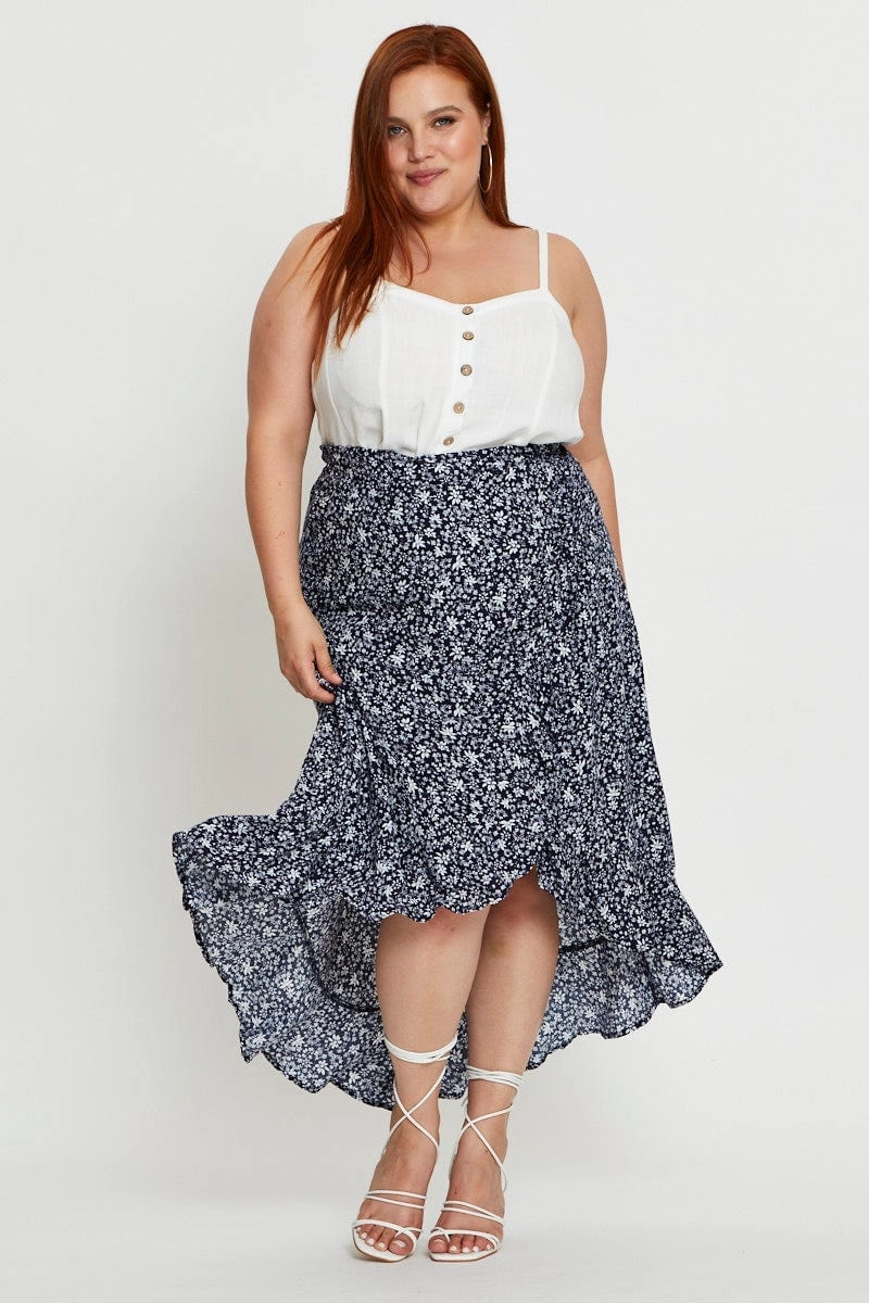 Floral Print Maxi Skirt High-low Travel Ease Wool blend