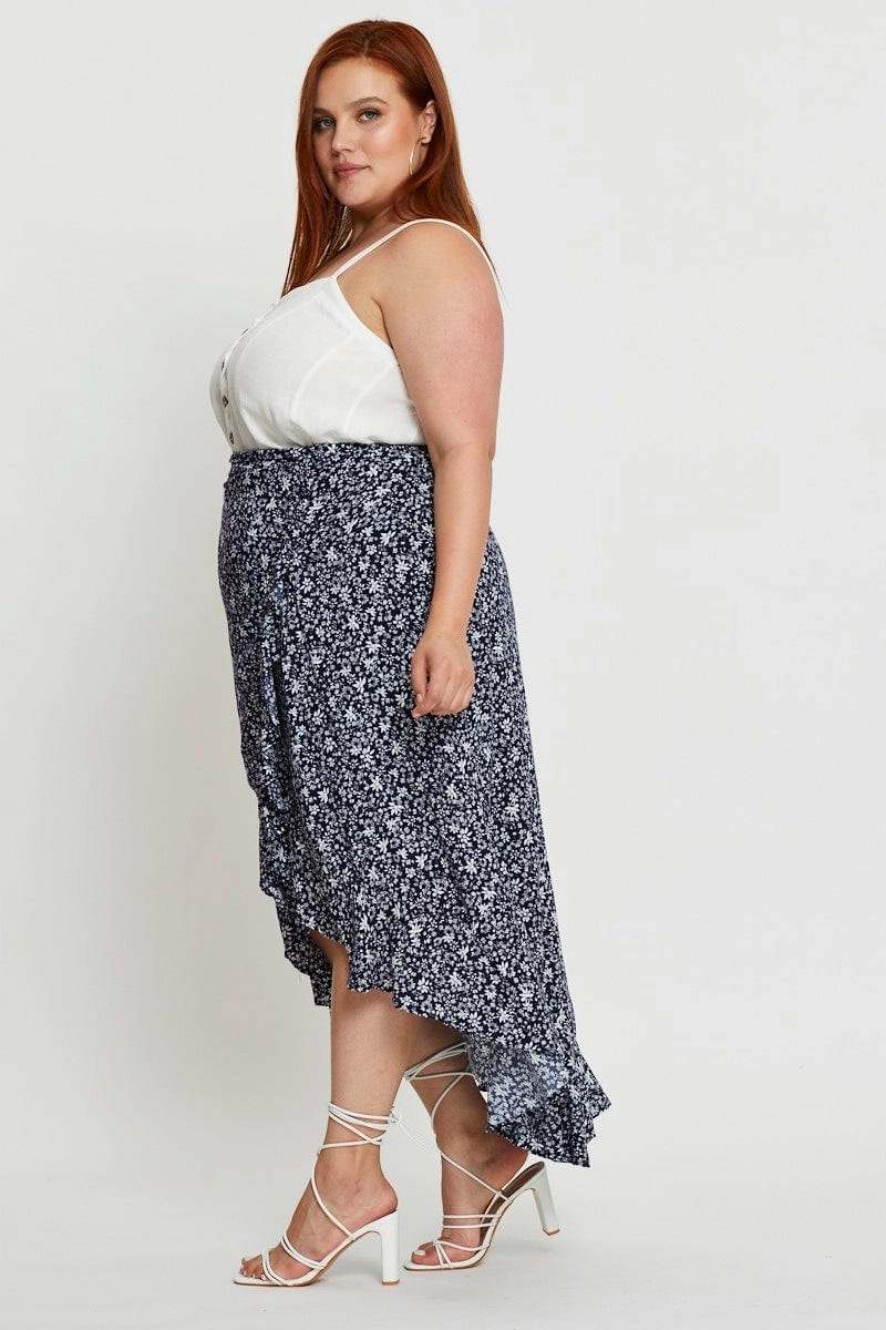 Elasticized Hem Durable Stitching Floral Print Maxi Skirt High-low