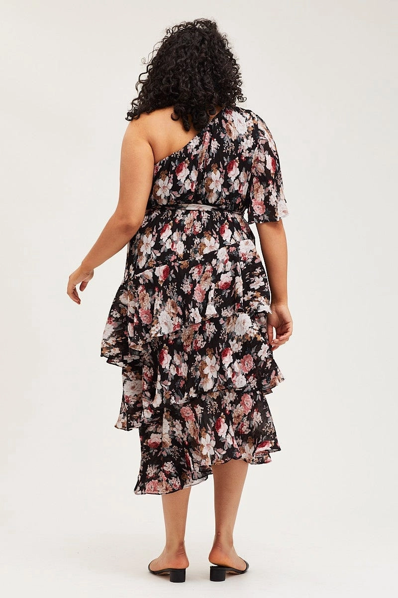 Comfort Layer Floral Print Midi Dress One Shoulder Long Sleeve