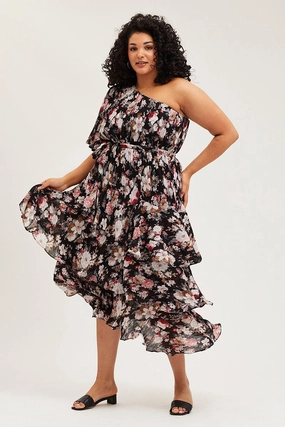 Tailored Wear Bold Simplicity Floral Print Midi Dress One Shoulder Long Sleeve