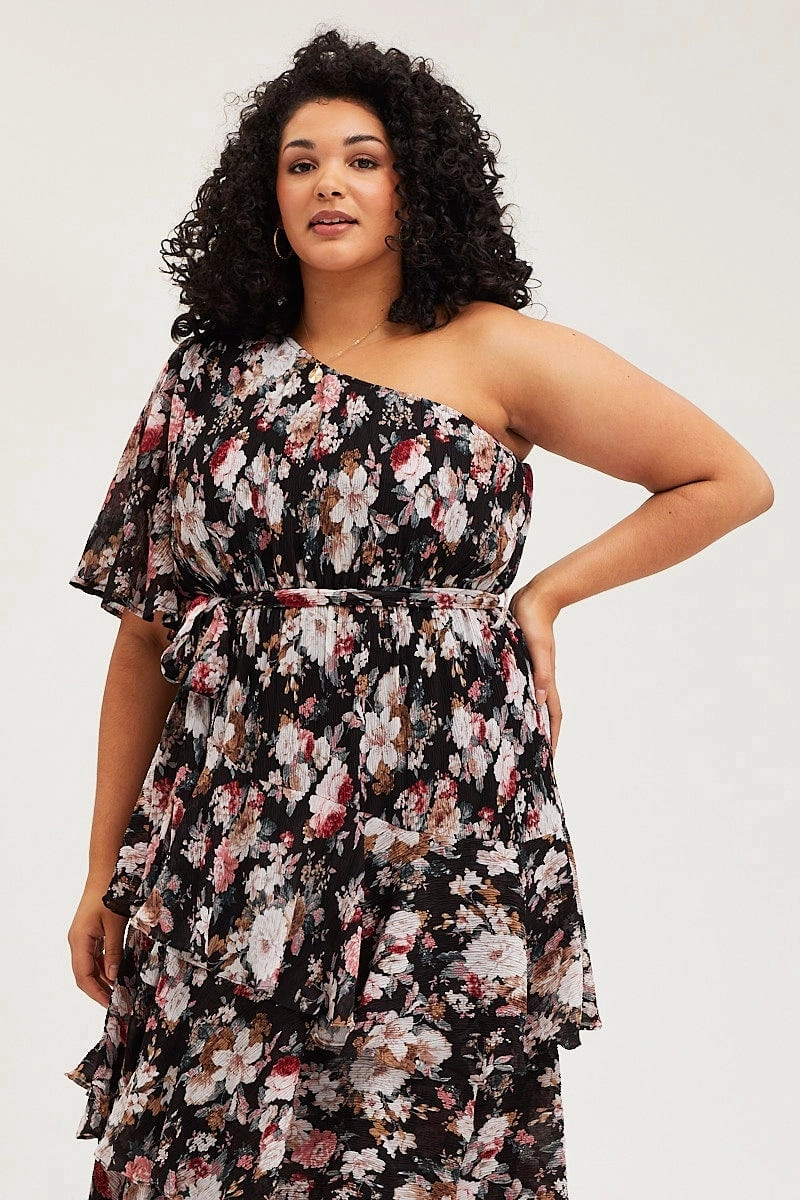 Floral Print Midi Dress One Shoulder Long Sleeve Effortless Vibe Versatile Layering
