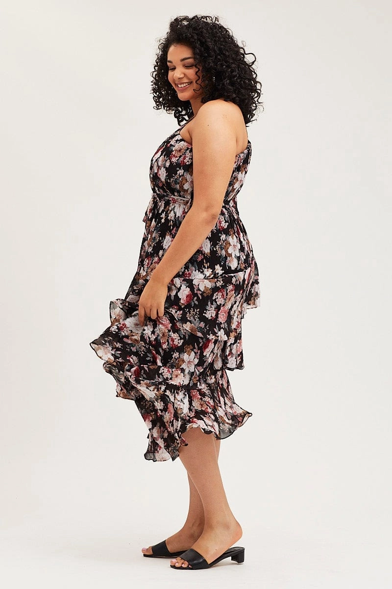 Floral Print Midi Dress One Shoulder Long Sleeve Urban Drape Skin Touch
