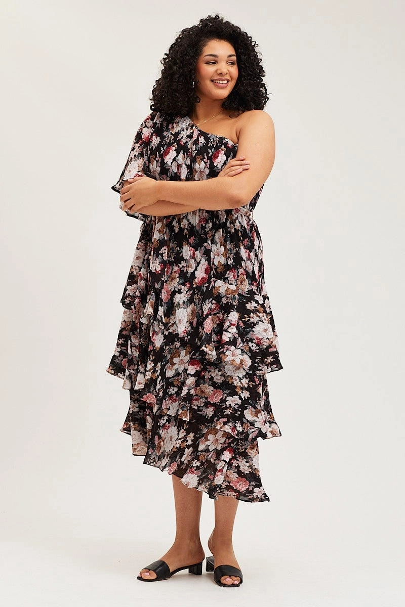 Lounge Vibe Floral Print Midi Dress One Shoulder Long Sleeve