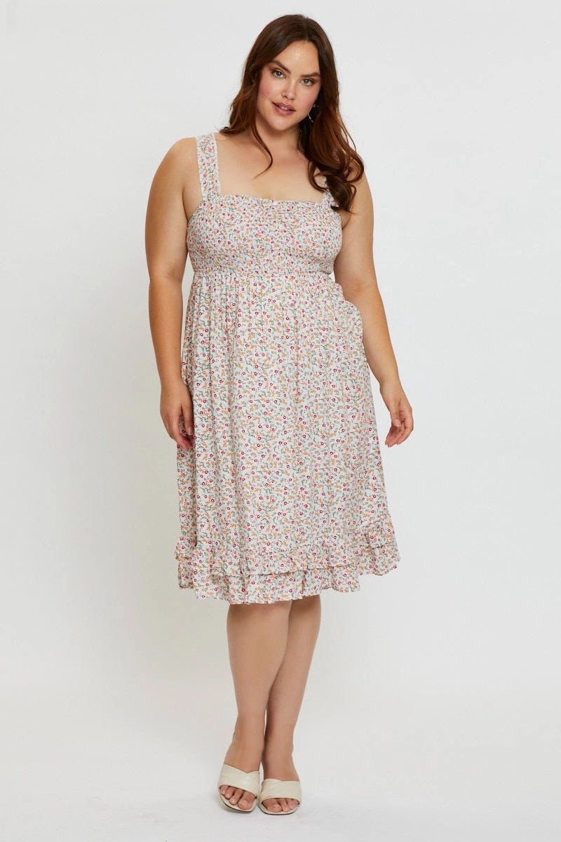 Floral Print Midi Dress Scoop Neck Sleeveless Gathered-Detail