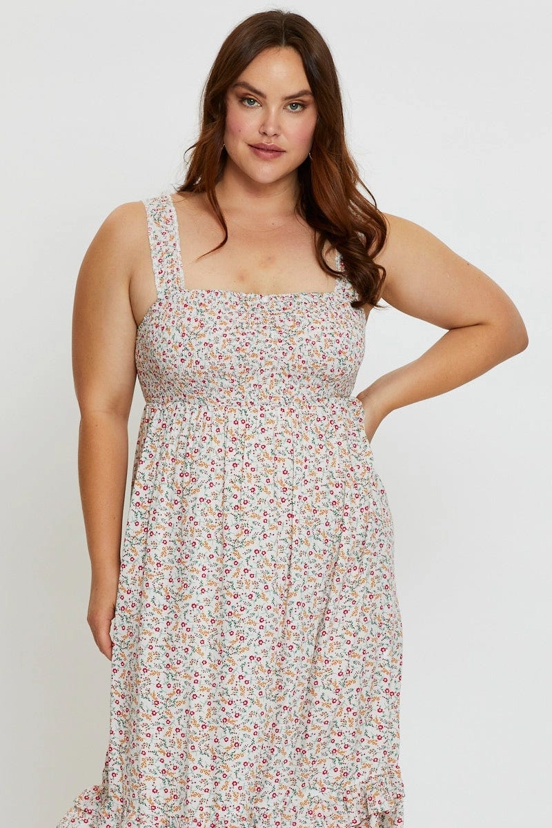 Classic-style Floral Print Midi Dress Scoop Neck Sleeveless