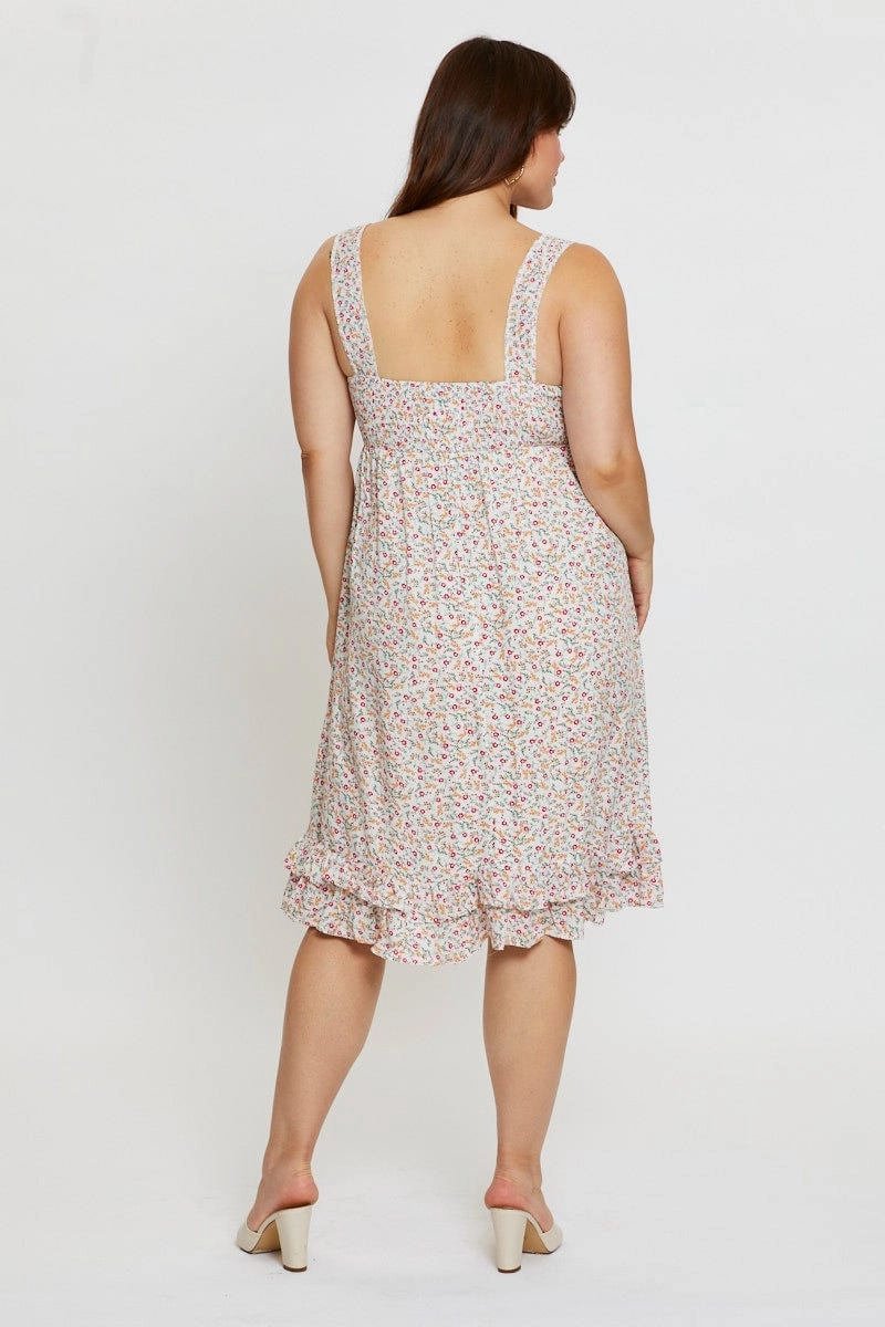 Floral Print Midi Dress Scoop Neck Sleeveless Bell-Sleeve Refined Simplicity