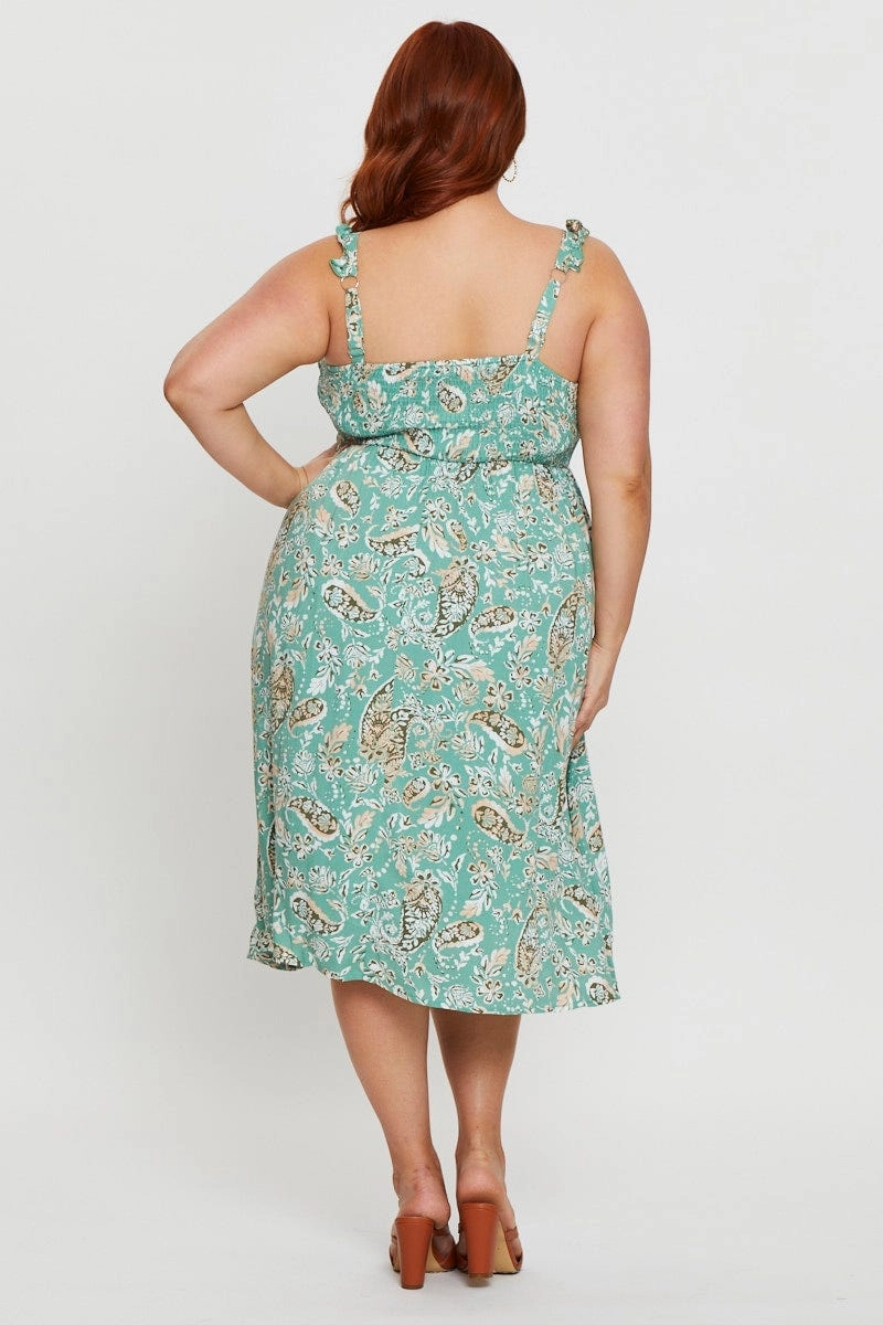 Bright Feel Refined touch Floral Print Midi Dress Square Neck Sleeveless