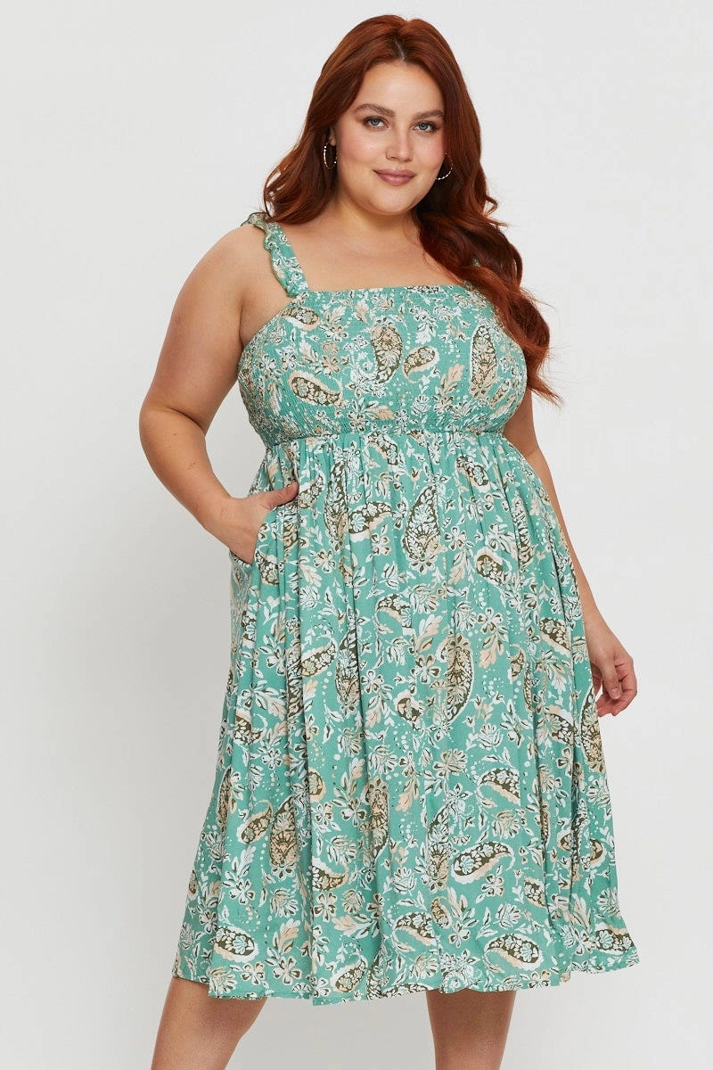Floral Print Midi Dress Square Neck Sleeveless Casual Elegance Trendy Fit