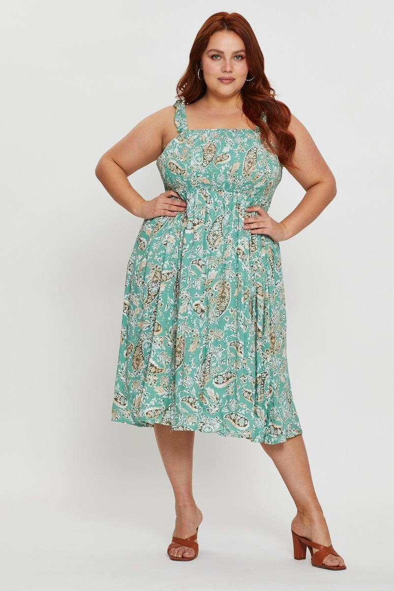 Floral Print Midi Dress Square Neck Sleeveless Silky Layer Timeless Layer