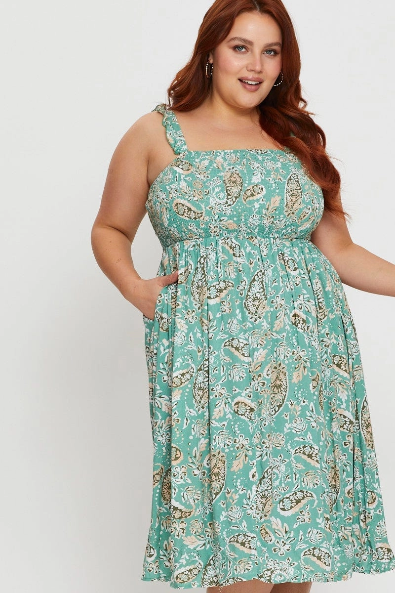 Comfortable Style Smart Waistband Fit Floral Print Midi Dress Square Neck Sleeveless