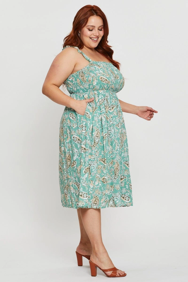 Floral Print Midi Dress Square Neck Sleeveless Knit Cool Mixed Fabric