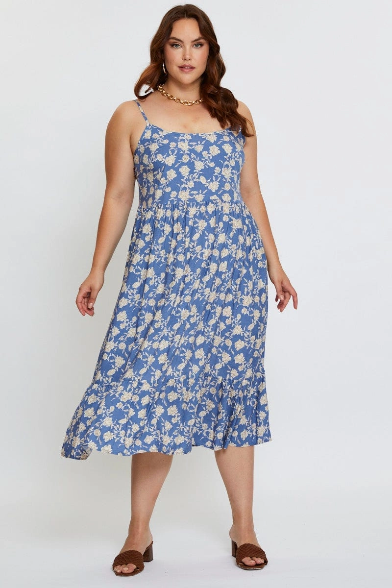 Shine Moment Winter-Season Floral Print Midi Dress Square Neck Sleeveless