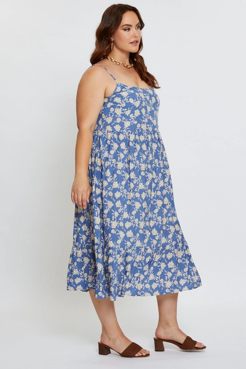 Side-Zip Floral Print Midi Dress Square Neck Sleeveless