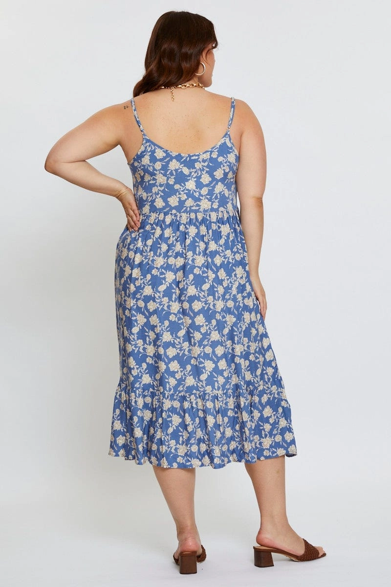 Fashion Essential Floral Print Midi Dress Square Neck Sleeveless
