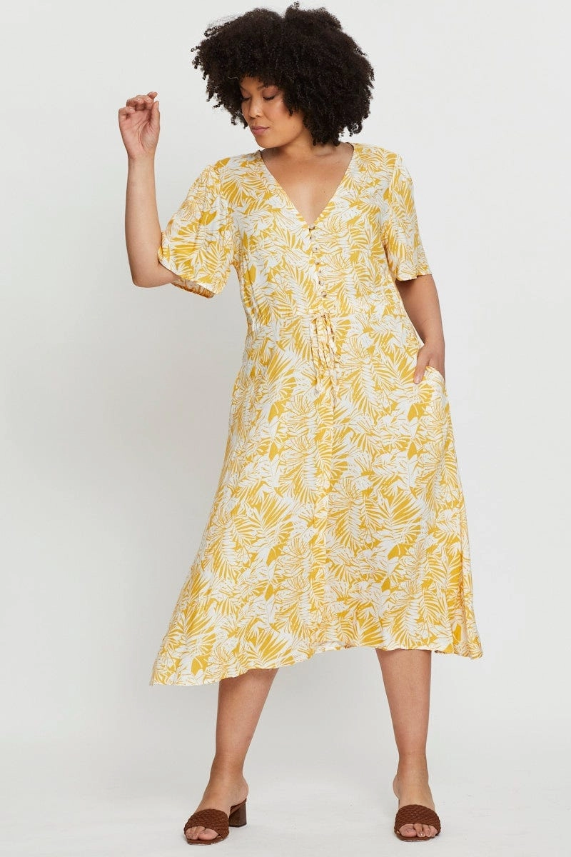 Soft Layers Modern Layers Floral Print Midi Dress V-neck Short Sleeve