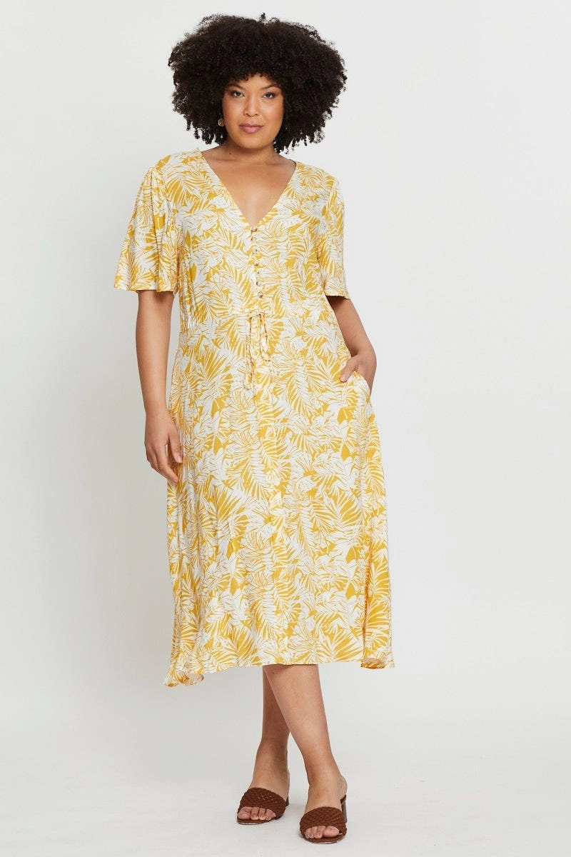 vacation look Floral Print Midi Dress V-neck Short Sleeve