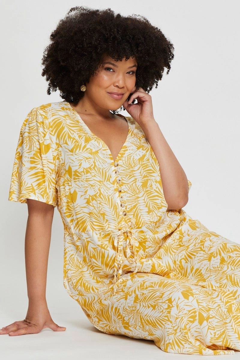 Floral Print Midi Dress V-neck Short Sleeve Chic Waist