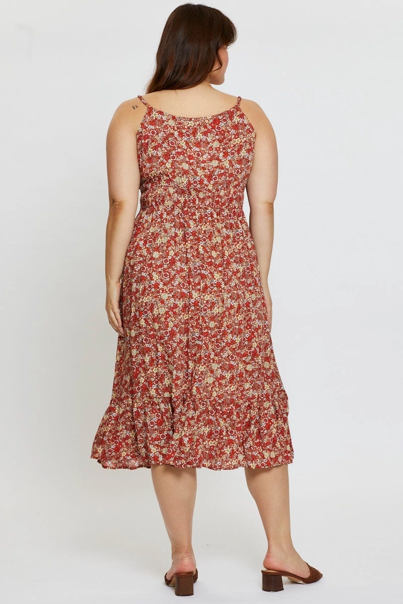 Seasonal Layering Floral Print Midi Dress V-neck Sleeveless