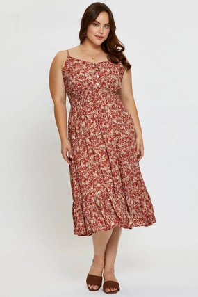 Floral Print Midi Dress V-neck Sleeveless Color Pop