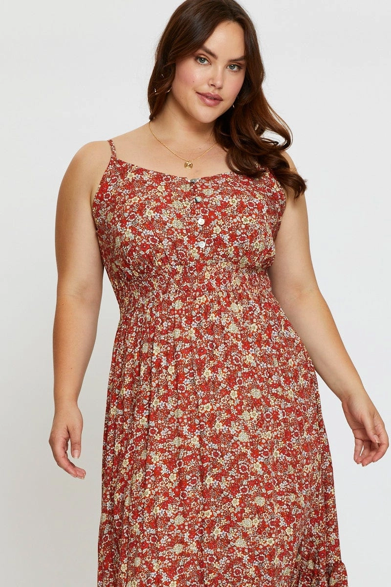 Fit Base Basic essential Floral Print Midi Dress V-neck Sleeveless
