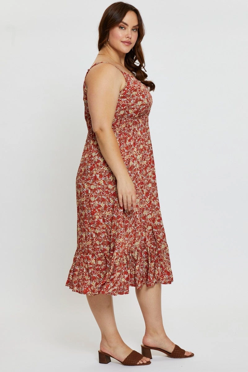 Floral Print Midi Dress V-neck Sleeveless Sleeveless