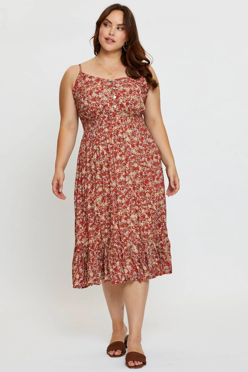Floral Print Midi Dress V-neck Sleeveless Daily Movement