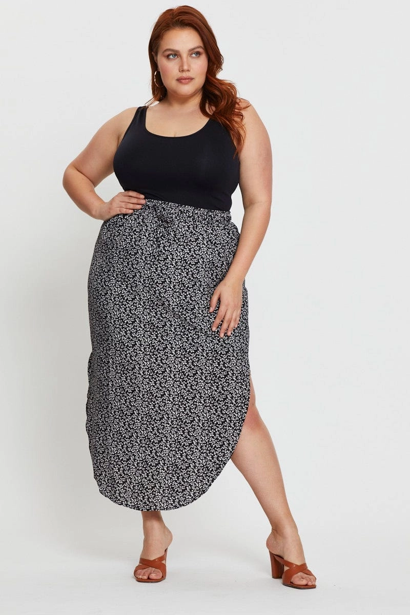 Elegant Look Laser cut Floral Print Midi Skirt Elastic Waist