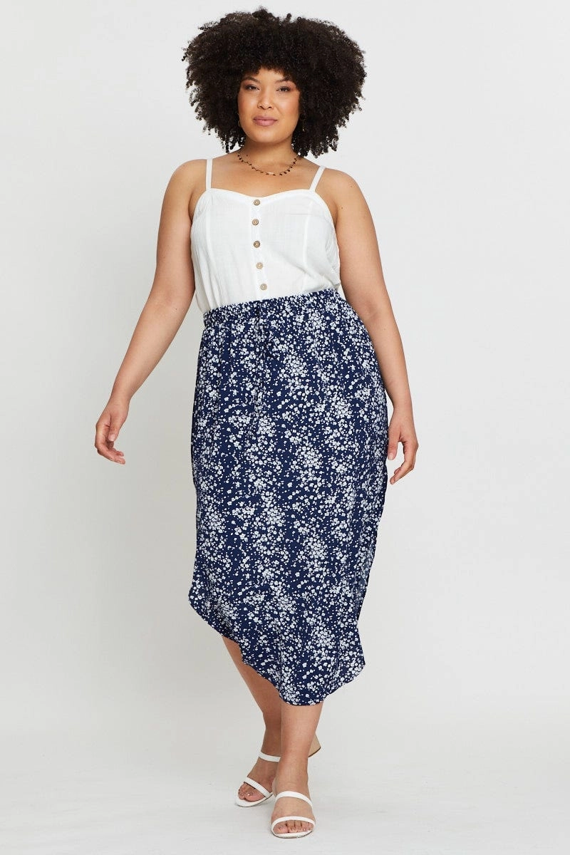 Floral Print Midi Skirt Elastic Waist Vibe Shot