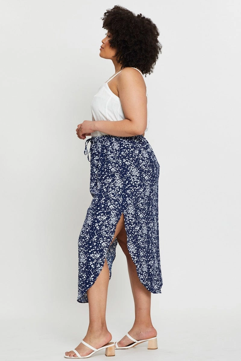 Floral Print Midi Skirt Elastic Waist Breezy Fit