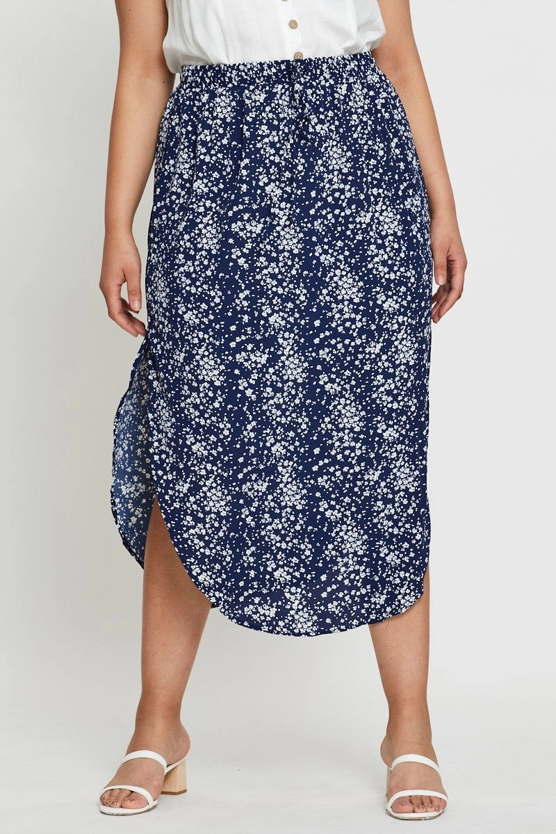 Floral Print Midi Skirt Elastic Waist Modern Details Inverted Pleats