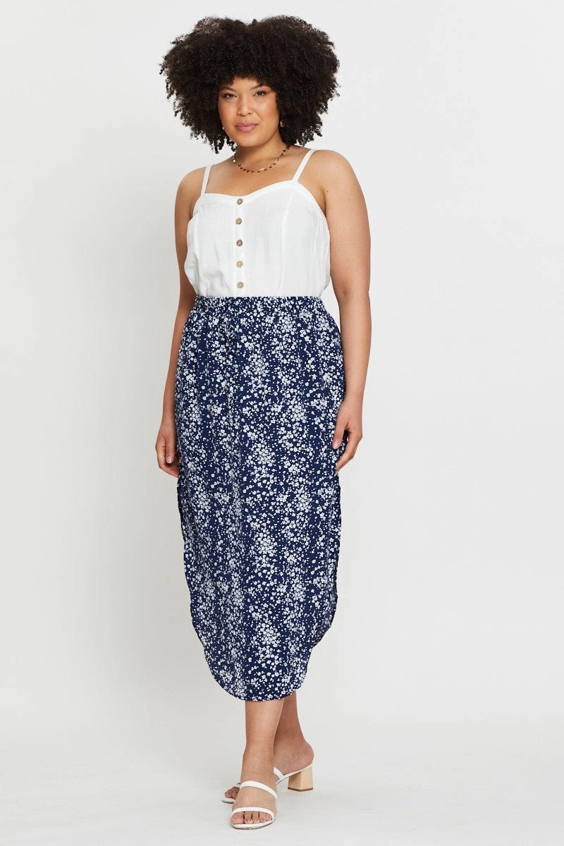 Subtle Finish Smooth Cut Floral Print Midi Skirt Elastic Waist