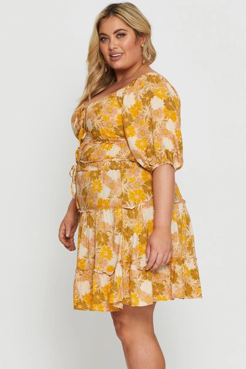 Floral Print Mini Skater Skirt Elastic Waist casual finish