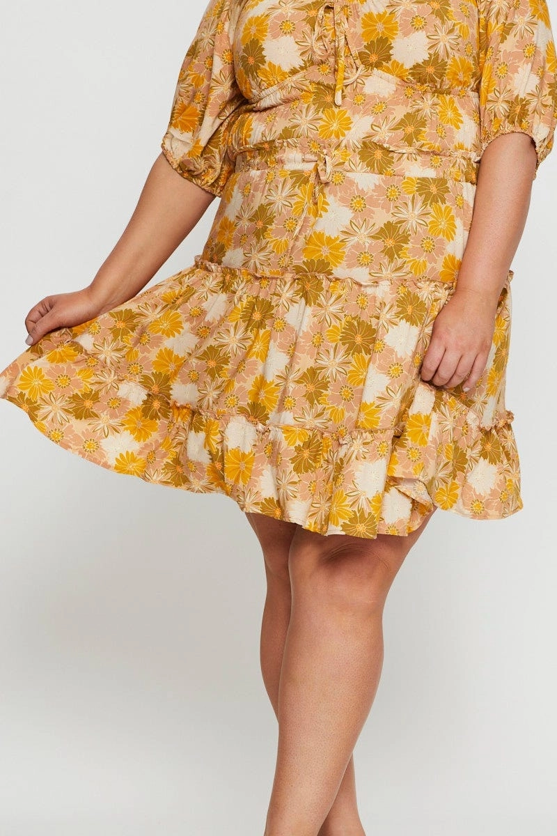 Floral Print Mini Skater Skirt Elastic Waist Limited Release Elevated Casual