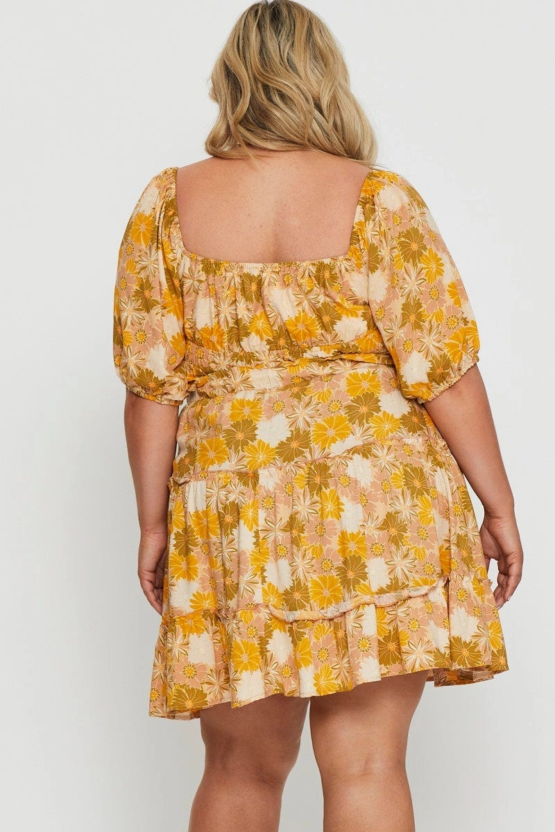 Floral Print Mini Skater Skirt Elastic Waist Polished Cut