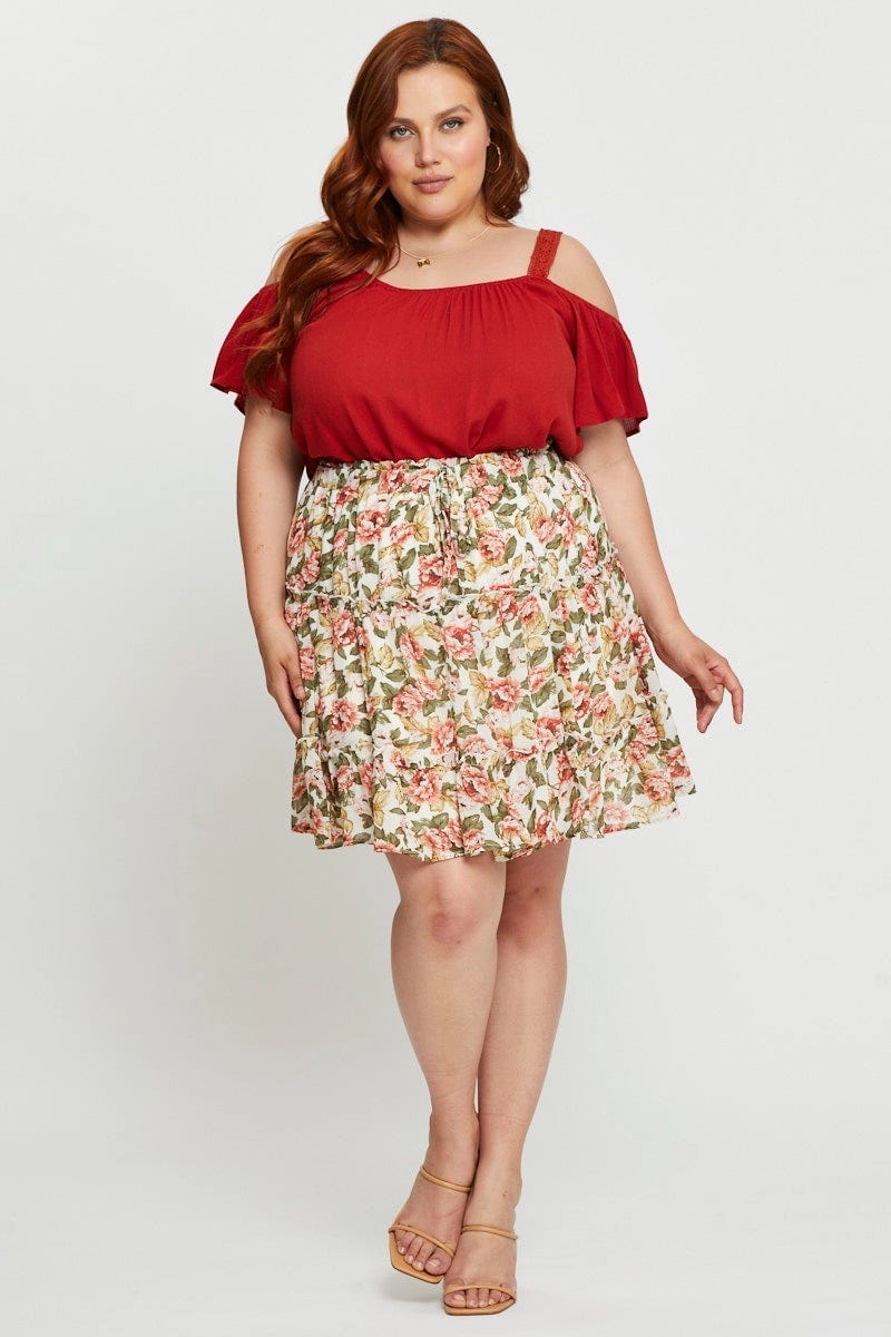 Floral Print Mini Skater Skirt Elastic Waist Elegant Feel Ventilated Slits