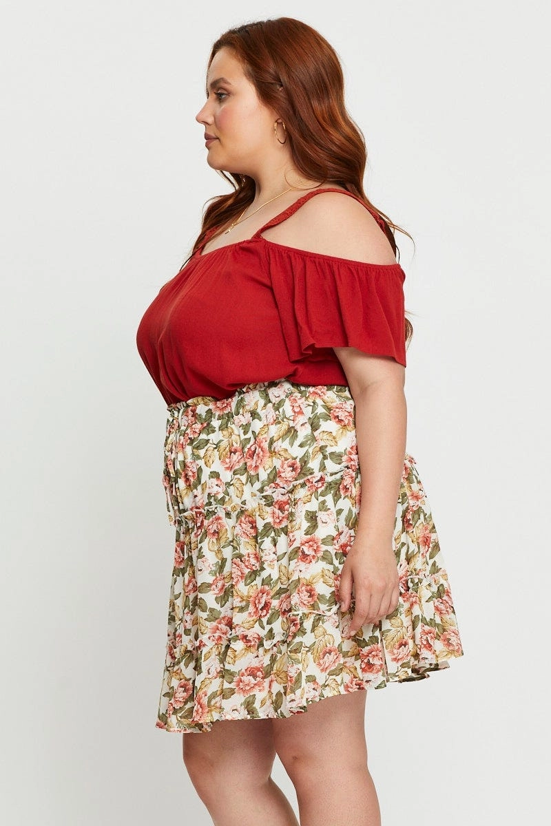 Floral Print Mini Skater Skirt Elastic Waist Daytime Look