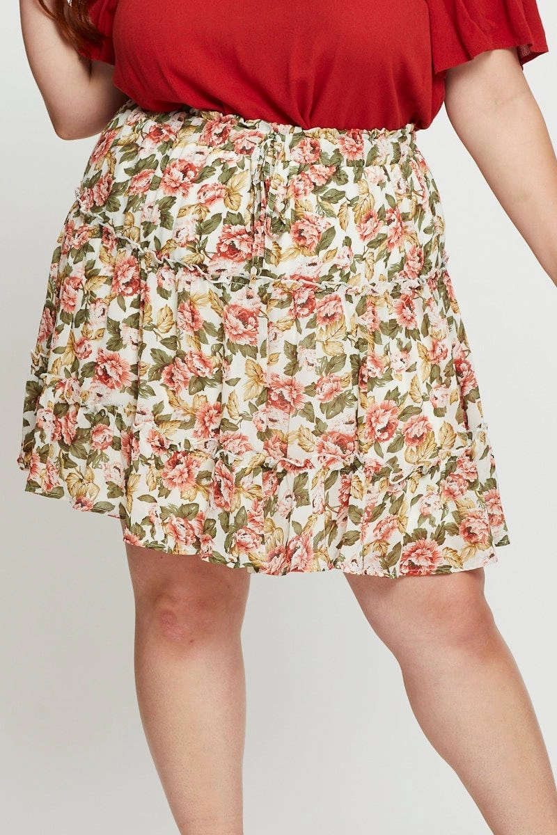 Floral Print Mini Skater Skirt Elastic Waist Tiered Design Trend Ready