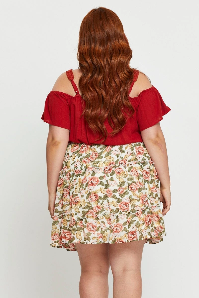 Mix Texture Floral Print Mini Skater Skirt Elastic Waist