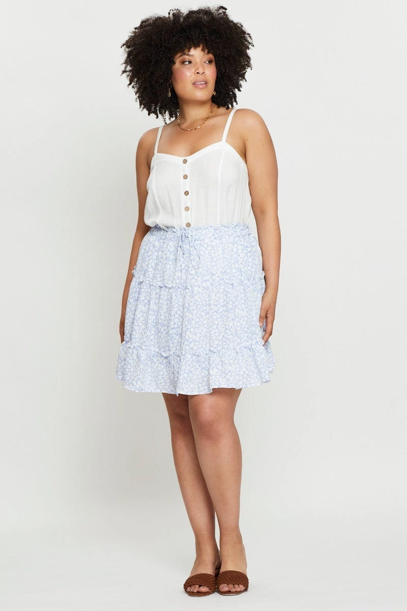 Floral Print Mini Skater Skirt Elastic Waist Layer Combo